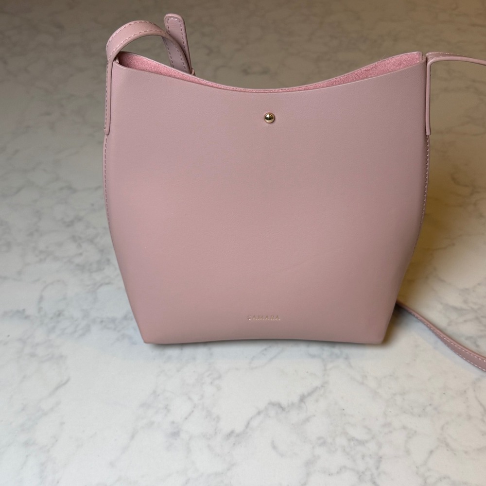 Samara Blush Pink Vegan Leather Minimalist Crossbody Bucket Bag Gold Hardware